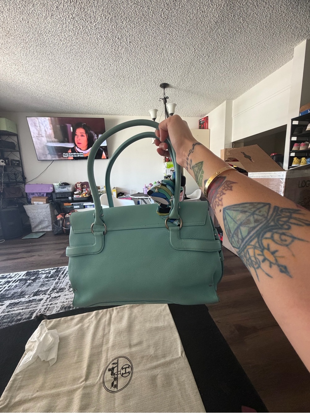 Structured Mint Green Top-Handle Satchel with Scarf - Picture 6 of 9